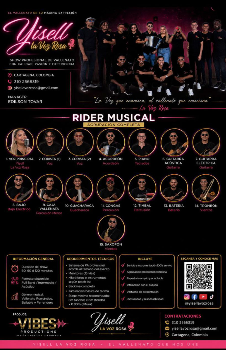 Yisell La Voz Rosa y su agrupación musical completa - rider con 15 integrantes: voz, coristas, acordeón, piano, guitarras, bajo, caja vallenata, guacharaca, congas, timbal, batería, trombón y saxofón